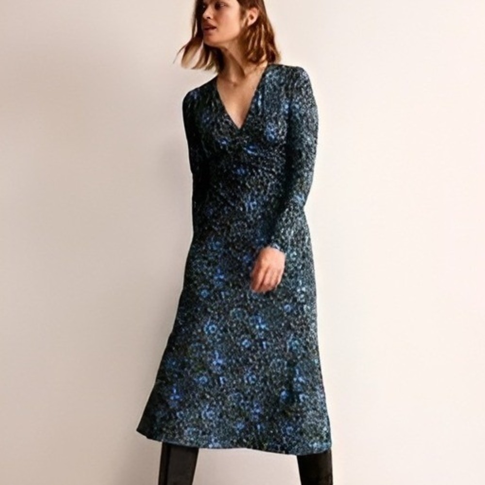 Boden Eloise Empire Ruched Waist Midi Dress Emerald Night Botanic Terrace Size 6